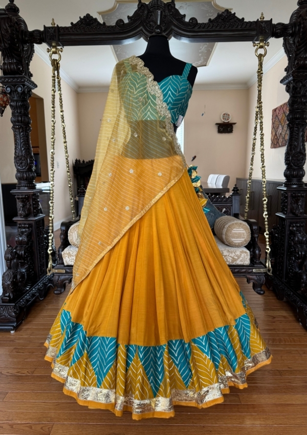 Mustard Yellow Chaniya with Teal Border
